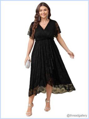 Plus Size Lace Formal Dress V-Neck Ruffle Sleeve Maxi Wedding Guest